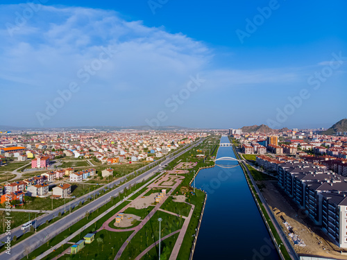 Drone view to the Akcaray river and beautiful part of Afyon city small city that is new tourist attraction in Turkey