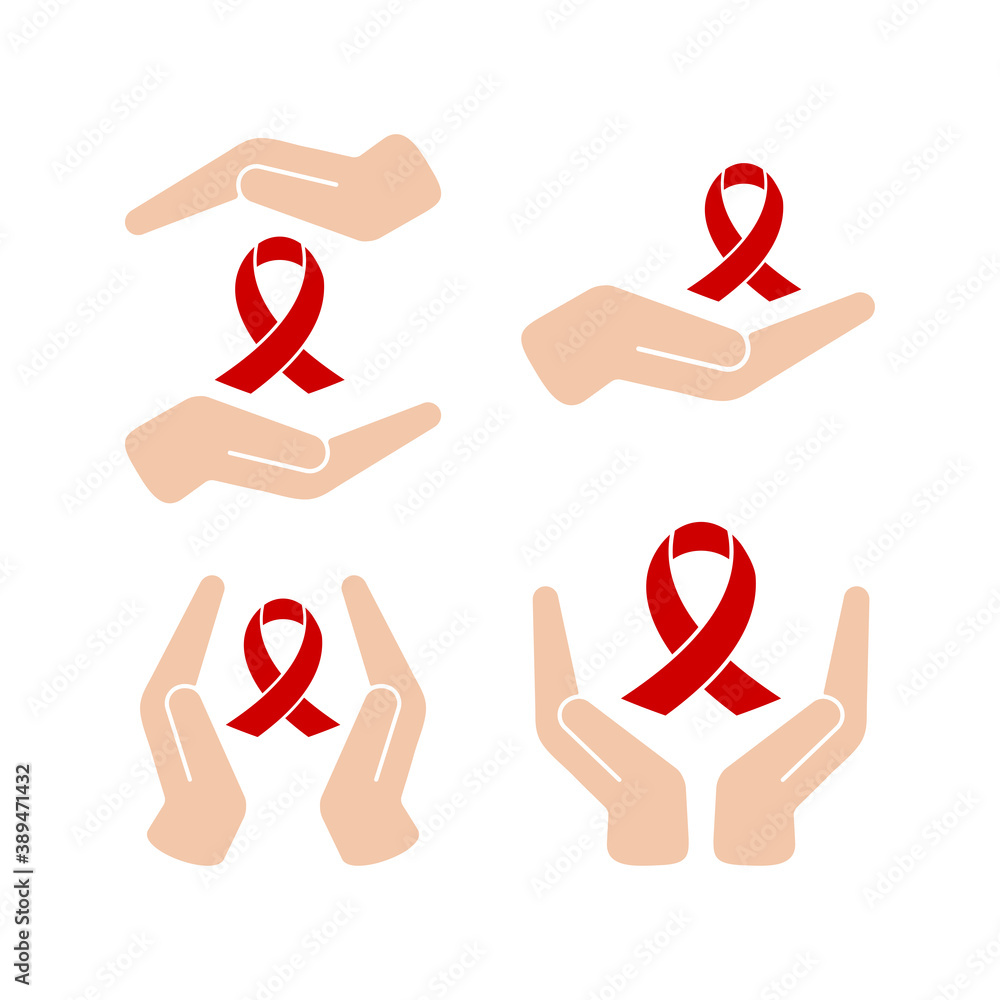 Aid red ribbon in hands vector icon set isolated on white background ...