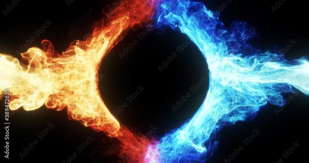 Abstract logo reveal with fire and ice effect. blue and red smoke collide around a sphere for logo placement. 2 video clip available, 1 in-out transition and 1 loop. 3D render, 4k loop 