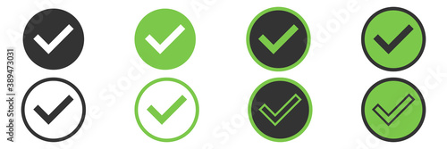 Checkmark tick set on white background. Isolated green tick collection in different style. Done and correct icons in green. Outline and bold checkbox. Vote symbol doodle. Vector EPS 10.