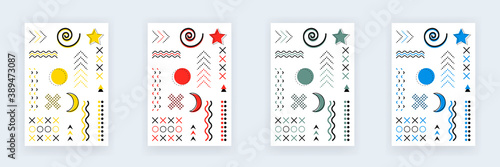 Geometric shapes abstract cover set. Isolated memphis style of poster banner. Halftone design of abstract wave, cross sign and star. Funky trendy cover with different geometric shapes. EPS 10.