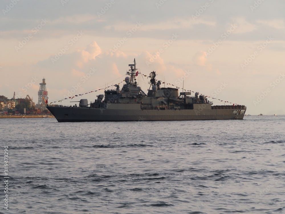 Gray Battleship in the sea. Warship photo Gray Battleship in the sea. Warship photo