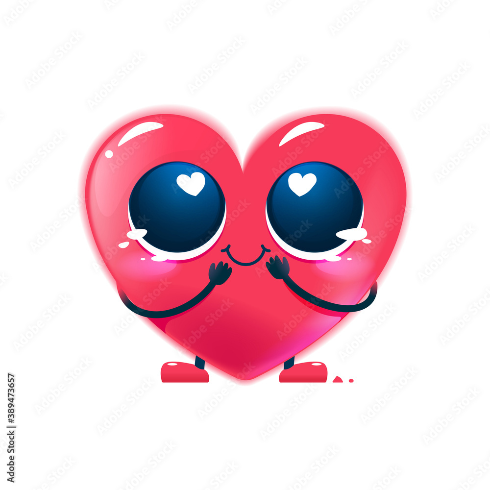 Red happy heart character. Cute face with big eyes and hands and legs. Vector cartoon illustration for kids. Red happy heart character. Cute face with big eyes and hands and legs. Vector cartoon illustration for kids.