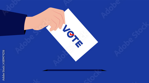 VOTE. Hand putting voting paper in the box. American Presidential election 2020. Red background. 