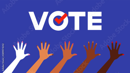 I VOTED. Presidential election. Many hands of different skin colors reach up. The concept of voting, choosing, and making a decision. Blue background with a silhouette of the map of America.
