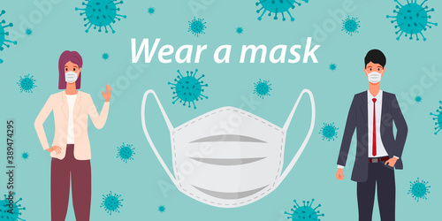 A man and a woman and a medical mask.Concept of compliance with security measures during the COVID-19 coronavirus epidemic.Personal hygiene and safety.Flat vector illustration.