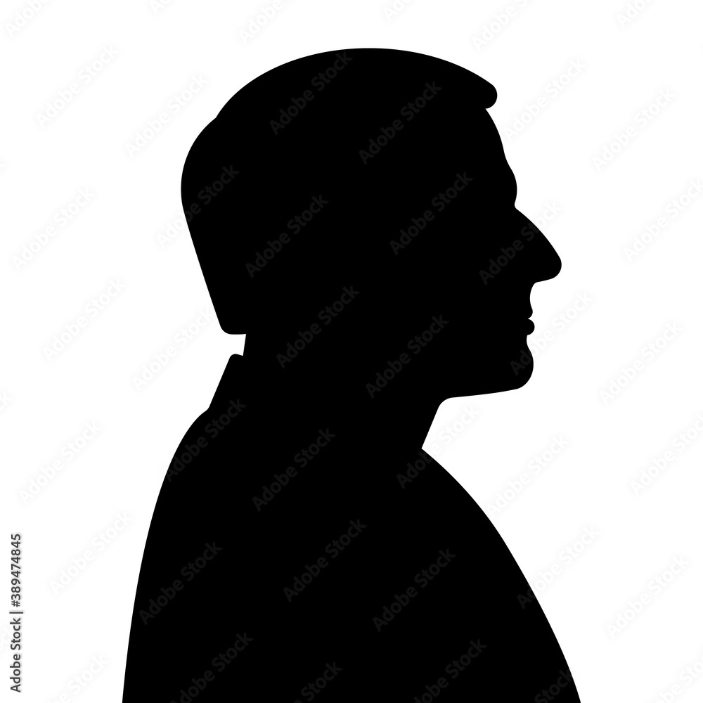 Black silhouette of a man, side view. Human profile. Vector portrait, profile.