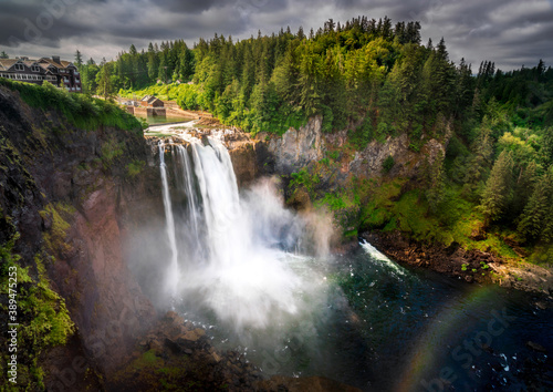 Snoqualmie Falls panorama landscape with trees and rainbow, Washington, USA photo