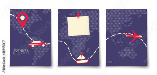 Time to travel minimalist background. Trip around the world on different transport car, airplane, ship. Traveling path on the world map. Ticket, boarding card. Paper sticker note on the map