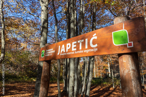 Japetic/ Croatia-October 31 st, 2020: Wooden sign, entry to the preserved natural environment of forests in mountain region of Samobor town, Croatia photo