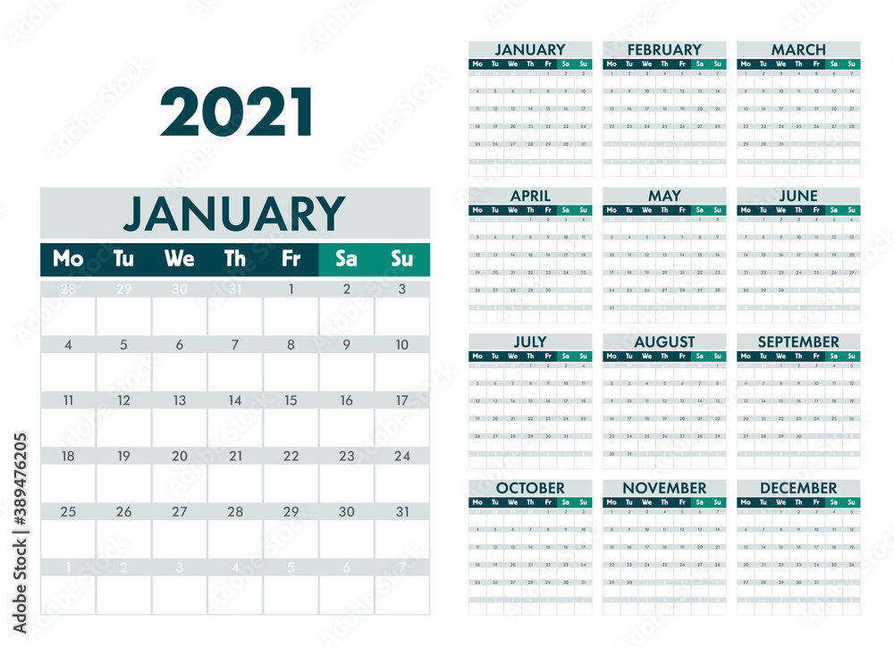 Calendar 2021. Planner 2021 year. Calendar design template. English calender. Сolor vector. Week starts on Sunday. Calendar 2021. Planner 2021 year. Calendar design template. English calender. Сolor vector. Week starts on Sunday.