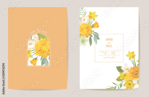 Wedding floral vector card, yellow spring flowers, leaves invitation. Watercolor template frame