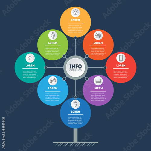 Template of tree, info chart. Vector diagram or info graphic of technology or education process with 8 steps. Business presentation or infographics concept of eight part.