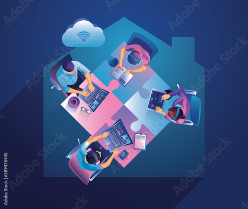 Work from home concept, Top view Young people, man and woman freelancers working on laptops at home. People at home remote work businessmen Staying home Distance, home office, vector illustration 