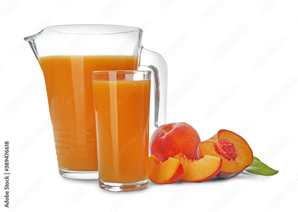 Freshly made tasty peach juice on white background Freshly made tasty peach juice on white background