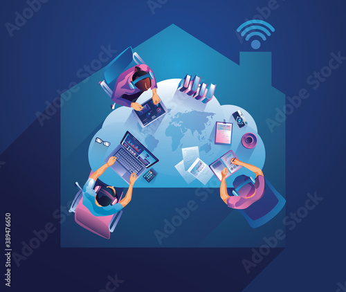 Work from home concept, Top view Young people, man and woman freelancers working on laptops at home. People at home remote work businessmen Staying home Distance, home office, vector illustration 