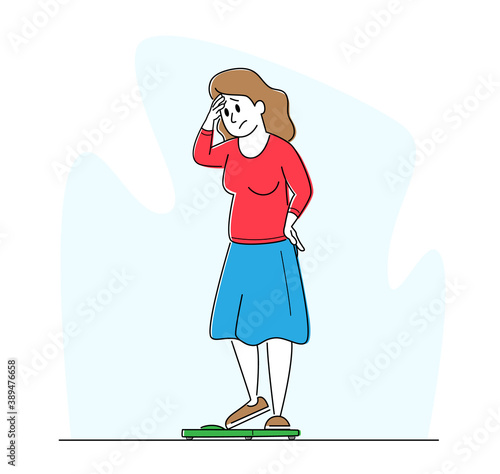 Body Rejection, Dissatisfaction. Female Character with Low Self-esteem Looking at Scales Dissatisfied with her Weight