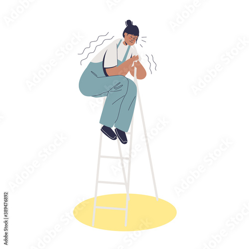 Young woman with acrophobia shaking on ladder. Fear of height concept