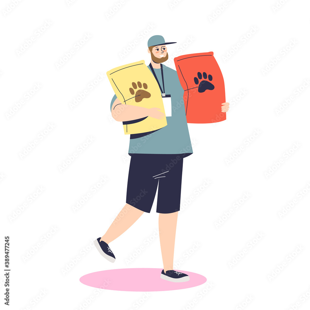 Man donating bags of pet food to animal shelter. Social help and support