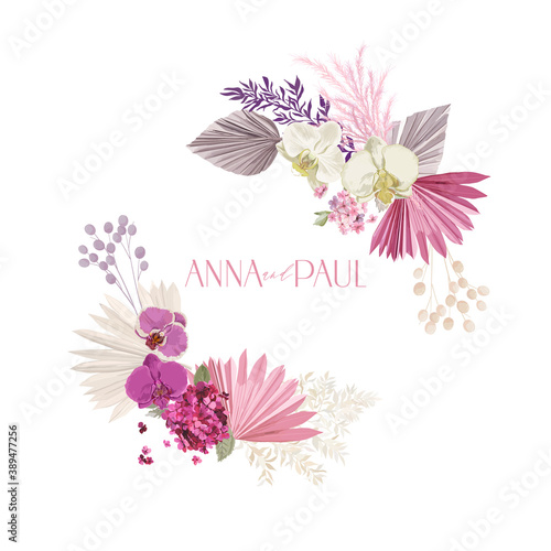 Floral wreath with watercolor flowers, tropical palm leaves. Vector pink boho design, summer vintage orchid flower