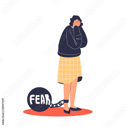 Scared depressed woman with fear weight on chain. Frightened female with panic disorder