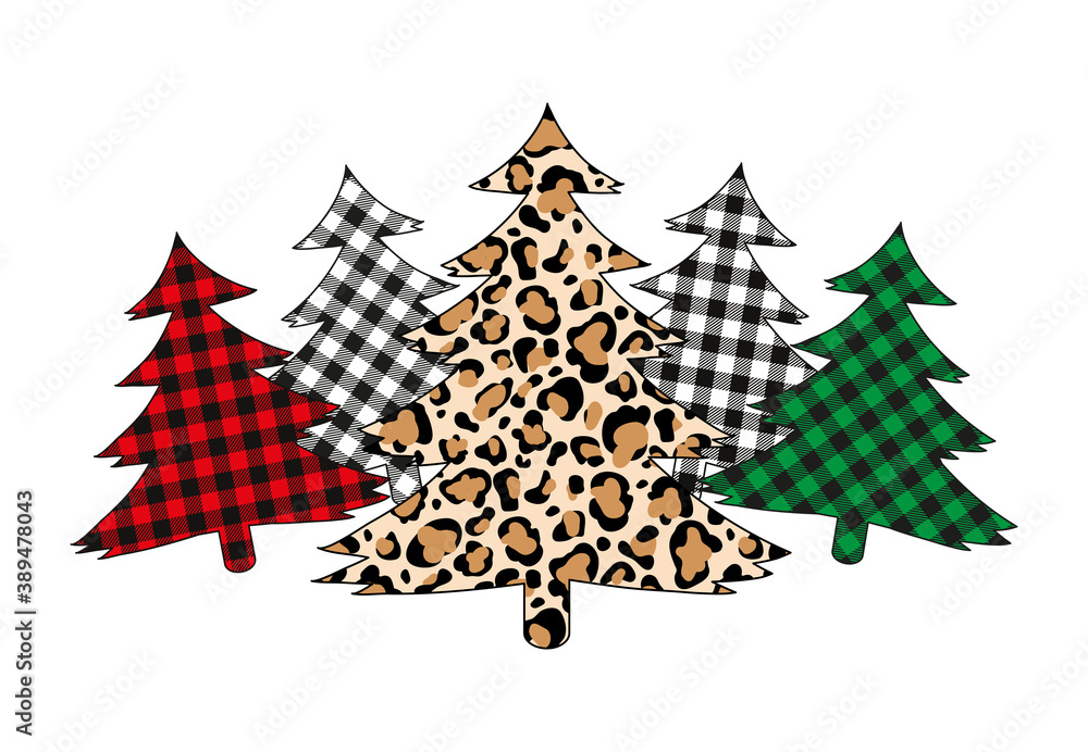 Plaid Christmas tree winter forest leopard tree vector set Stock Vector
