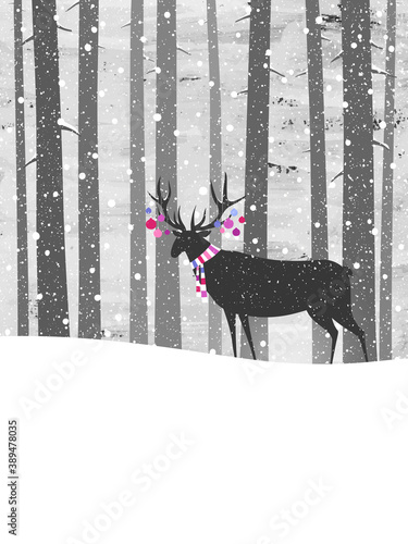 A deer with colorful scarf and Christmas ornaments on its horns on background of pine tree forest. Vector illustration.