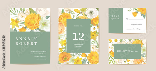 Boho wedding invitation card, vintage Save the Date spring flowers, floral leaves template design watercolor