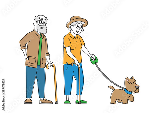 Elderly Couple Walk with Dog. Senior Male and Female Characters Walking with Pet, Spending Time Outdoors Relaxation