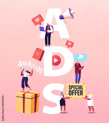 Ads Concept. Promoter Character Advertising, Online Public Relations and Affairs. Megaphone Alert, Pr Media Promotion