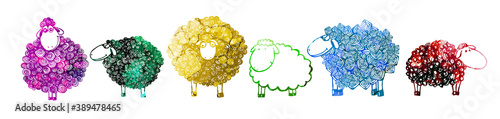 Set of multi-colored sheep. Mixed media. T-shirt print. Vector illustration