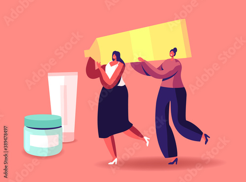 Tiny Girls Carry Huge Cosmetics Tube. Women Spend Time in Beautician Parlor, Testing Skin Care Products in Beauty Salon