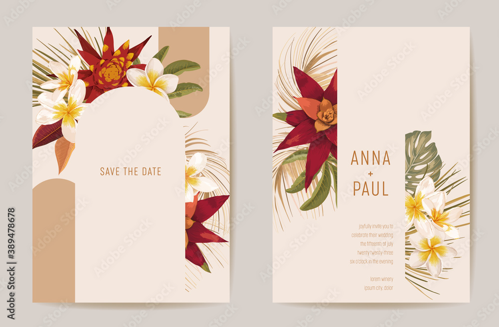 Wedding invitation boho tropical palm leaves card. Frame set dry leaves modern minimal template vector