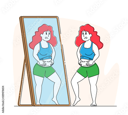 Body Rejection Concept. Plus Size Female Character with Low Self-esteem Looking at Mirror Dissatisfied with her Figure