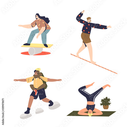 People doing physical exercises on balance. Balancing, fitness and workout concept