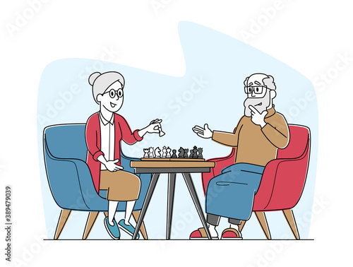 Senior Man and Woman Playing Chess in Nursing Home. Elderly Pensioners Couple Spending Time at Intellectual Game