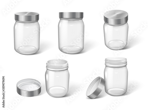 3d realistic cosmetic package jars empty transparent on white background