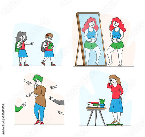 Set Body Shaming Theme. Schoolgirl Laughing, Pointing at Obese Girl. Women Characters Dissatisfied with Figure, Bullying