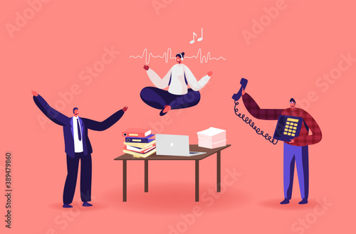 Calm Employee Break in Messy Office. Female Character Office Worker Meditating at Workplace. Relaxed Businesswoman Yoga