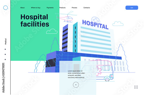 Medical insurance - hospital facilities and services - modern flat vector concept digital illustration - a hospital building with an ambulance car and a helicopter above, medical office or laboratory