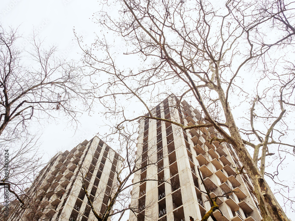 Two unfinished highrises among bare trees against the backdrop of a cloudy sky. Bottom view Two unfinished highrises among bare trees against the backdrop of a cloudy sky. Bottom view