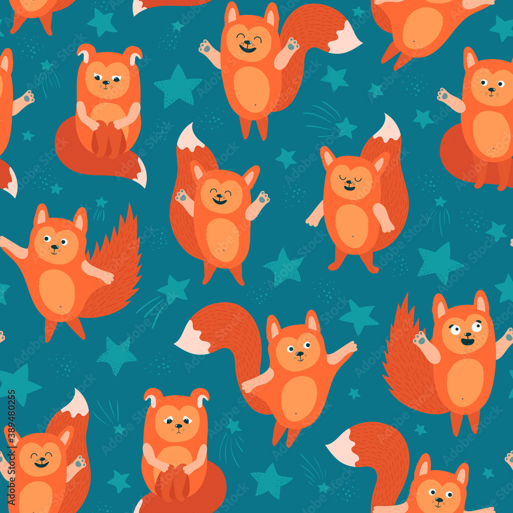 Naklejka premium ginger colored squirrels seamless pattern