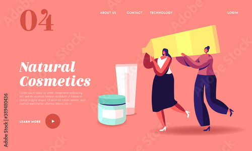 Cosmetic, Face Care Landing Page Template. Tiny Female Characters Carry Huge Cosmetics Tube. Women Skin Care Procedure