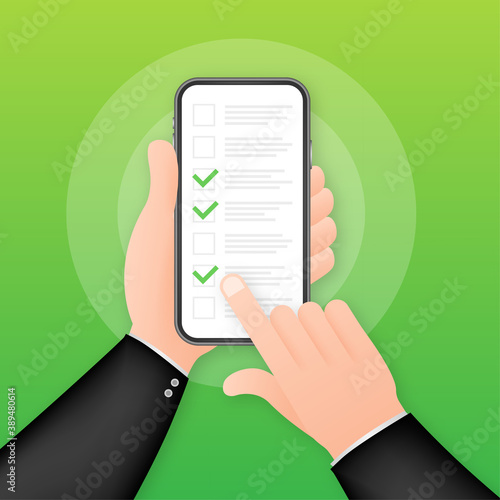 Green check list smartphone. Survey vector illustration. Green tick. Flat check list smartphone for web design. Customer service.