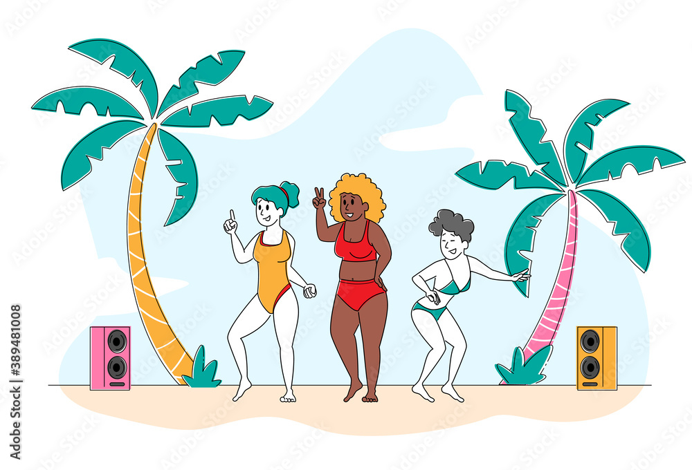 Beach Party, Body Positive Concept. Group of Young Happy Slim and Overweight Multiracial Girls Characters Dance or Relax