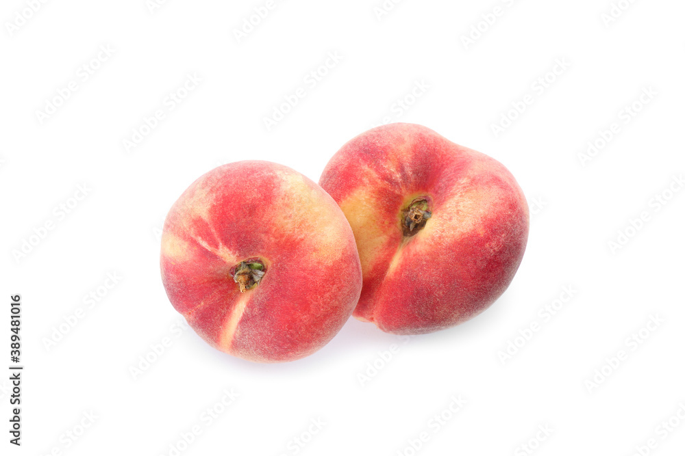 Fresh ripe donut peaches on white background, top view Fresh ripe donut peaches on white background, top view