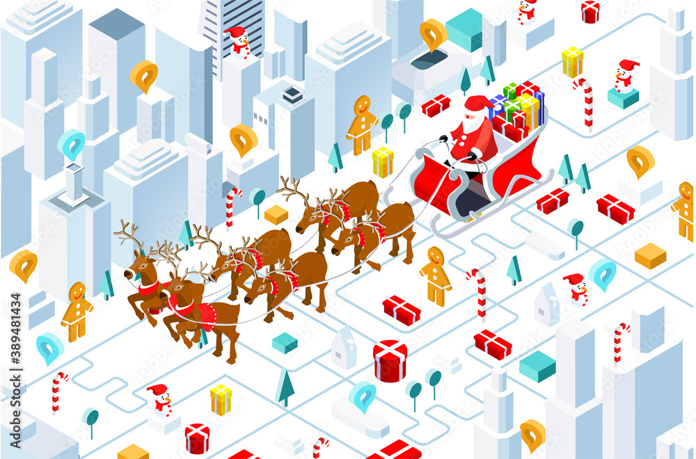Santa Claus with sleigh full of presents and Reindeer righting in the City. Christmas is coming to town. Isometric illustration