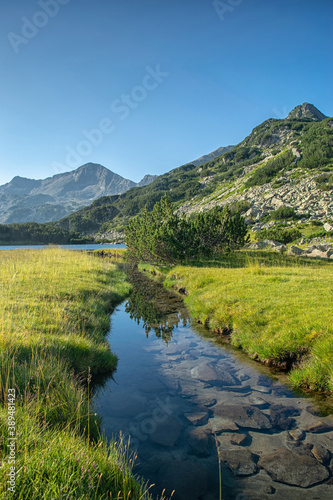 Hiking to Banderitsa lakes, view across the lakes of the Pirin Mountains in Bulgaria with Muratovo, Ribnoto, National Park Pirin