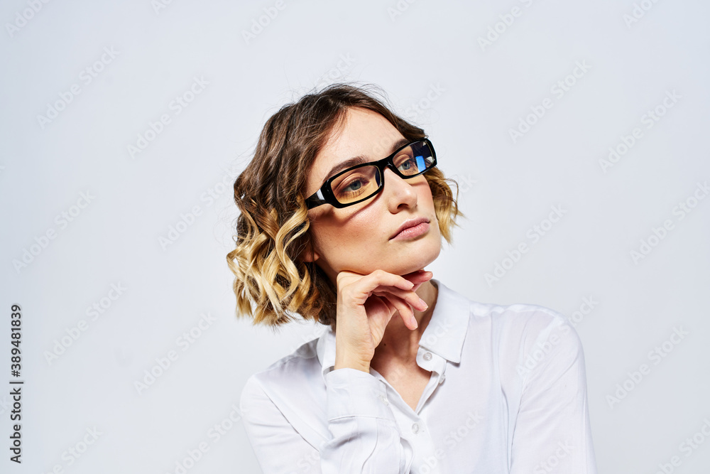 Woman business finance glasses work office light background portrait model