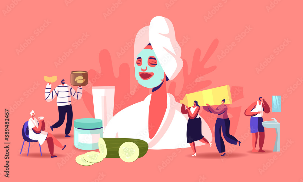 Tiny Characters around of Huge Woman with Facial Mask, Cucumber Slices and Cream Jars. Face Skin Care and Treatment Tiny Characters around of Huge Woman with Facial Mask, Cucumber Slices and Cream Jars. Face Skin Care and Treatment